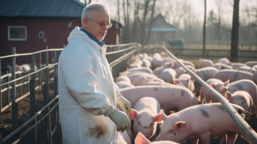 Veterinario en una granja de cerdos