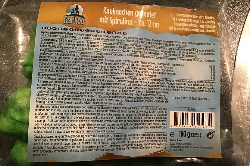 Barkoo kauknochen geknotet mit spirulina 12cm